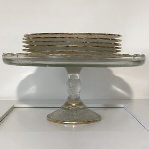 Vintage 50’s Jeannette Glass Cake Stand Dessert Plate Set Harp Pattern
